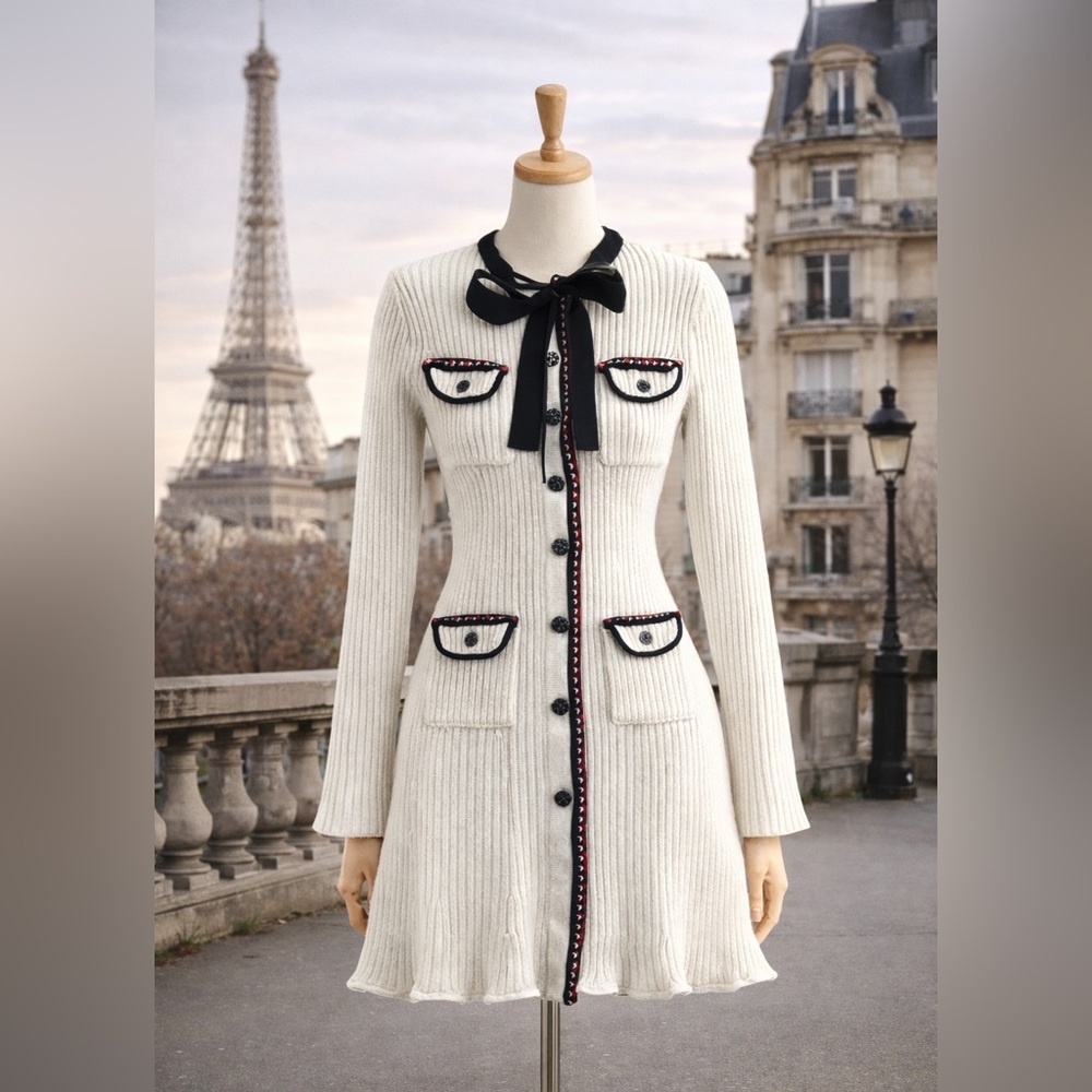 SALE!! Self Portrait Chic White Ribbed Knit Dress with Black Trim